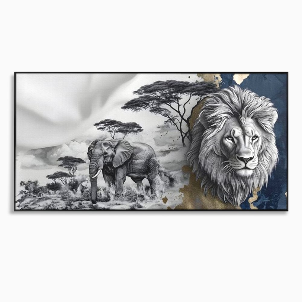 Tablou canvas cu tablou canvas cu leu si elefant, in rama de aluminiu negru